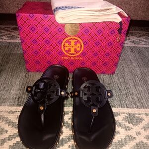 Tory Burch Black Leather Miller Logo Thong Sandals with Gold Studs